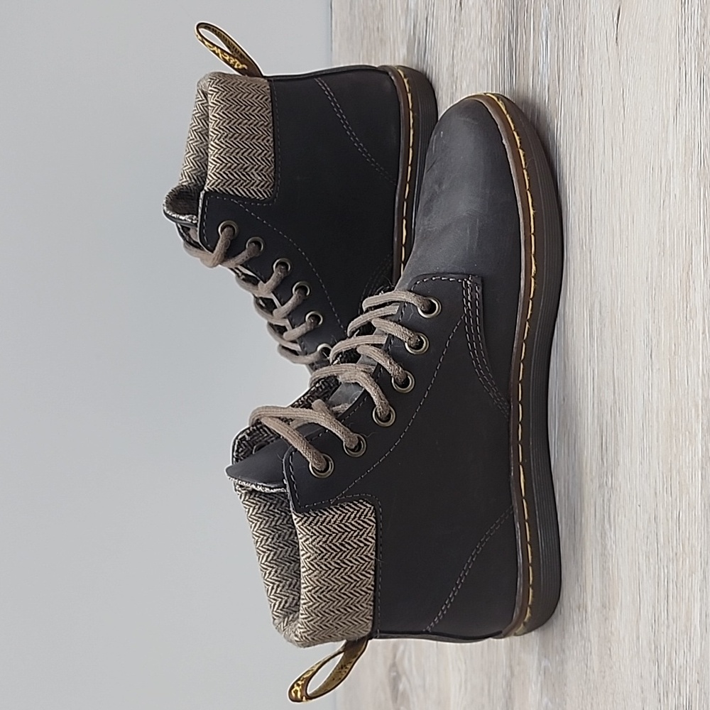 Dr. Martens Women Maelly Dark Brown Leather Boots w/Herringbone Tweed Cuff 6 - Picture 4 of 12